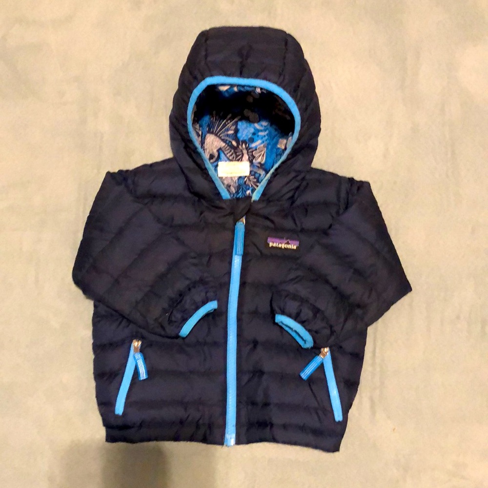 Patagonia Reversible Down Hoody Jacket Coat, Blue 12-18 months